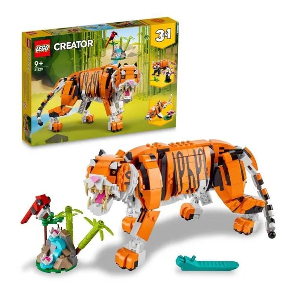 LEGO 31129 Creator 3-en-1 Sa Majesté le Tigre, Jouet et Figurine Animaux,  se Transforme en Panda, et Poisson, Enfants Dès 9 Ans